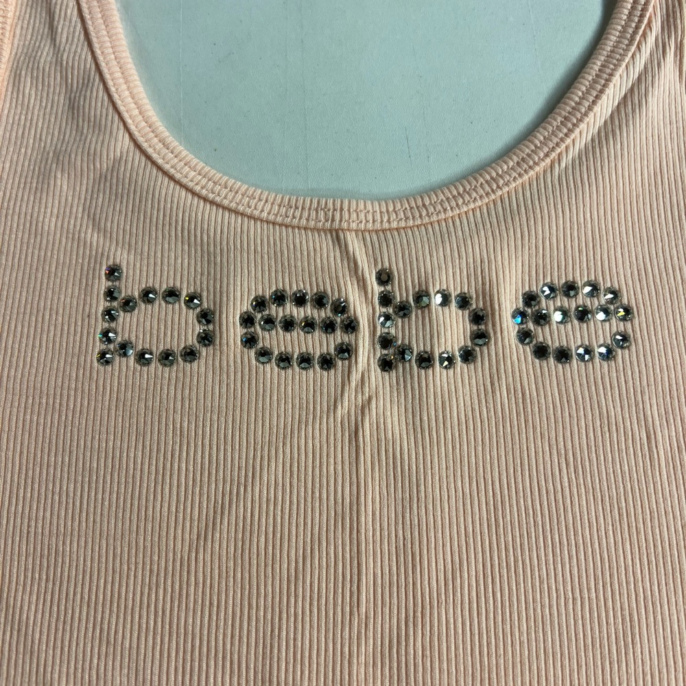 Bebe Ribbed Tank Top with Rhinestone Logo